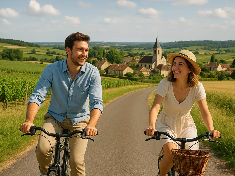 Cyclists riding a lakeside road below the mountains