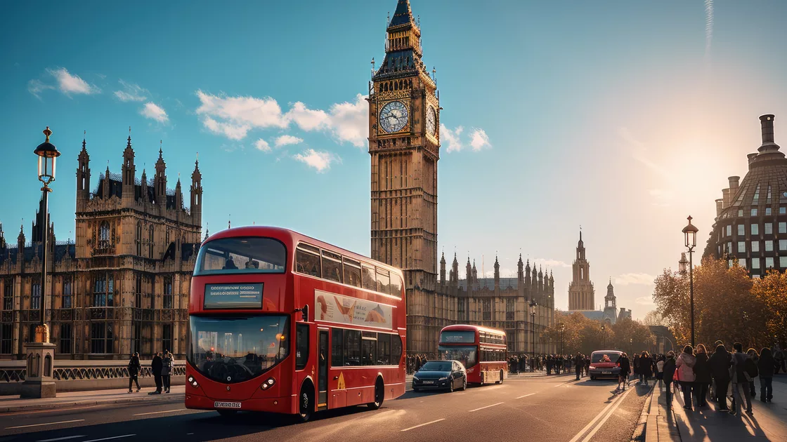 Big Ben and Westminster with a red London bus